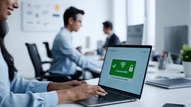 A laptop screen displays "Connected (OWE)," indicating a secure Wi-Fi connection