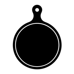 Elegant Minimalist Black Round Cutting Board Silhouette Icon with Handle. Versatile Kitchen Utensil Graphic for Food Preparation, Serving, Pizza, Cheese. Perfect for Culinary Blogs