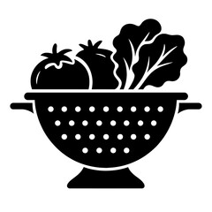 A sleek, minimalist dark mode icon showcasing a colander brimming with fresh, vibrant vegetables, including ripe tomatoes and crisp leafy greens, ready for healthy meal preparation
