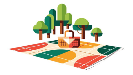 Whimsical picnic scene with retro blanket, trees, and basket evokes joy and relaxation, perfect for branding, seasonal campaigns, and family-friendly content