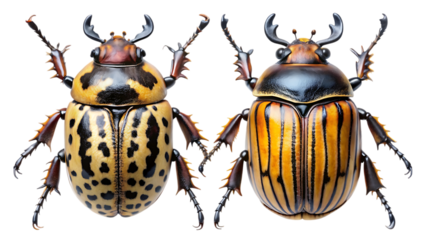 A detailed studio shot capturing two distinct varieties of large scarab beetles