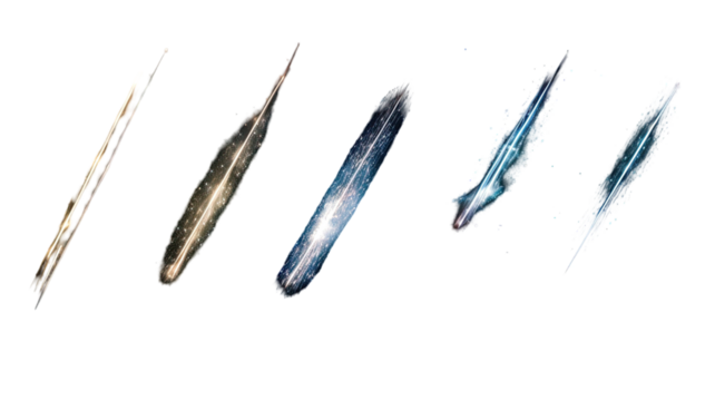 Bright glowing shooting star trails with sparkling light streaks and cosmic energy effects in dynamic motion isolated on white background