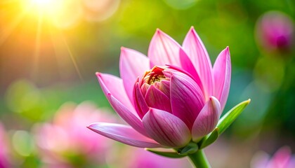 Pink dahlia bud basks in sunlight, soft bokeh background with green hues and soft pink tones on other blooms
