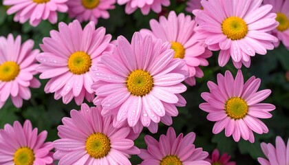 Pink daisy flowers in full bloom, with vibrant yellow centers, surrounded by green foliage, filling the frame