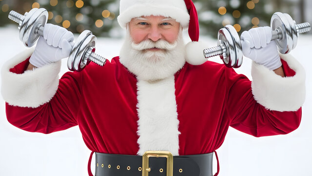 Santa Claus lifting dumbbells in snowy landscape with Christmas lights
