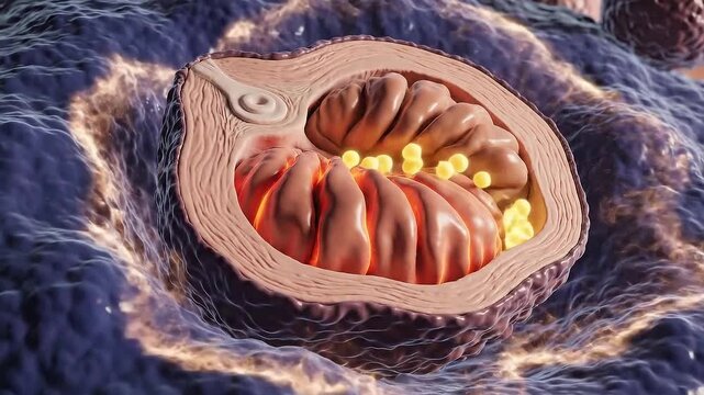 Detailed Medical Animation of a Mitochondrion Cross Section Illustrating Energy Production with Yellow Molecules Flowing Through Intermembrane Space Amidst