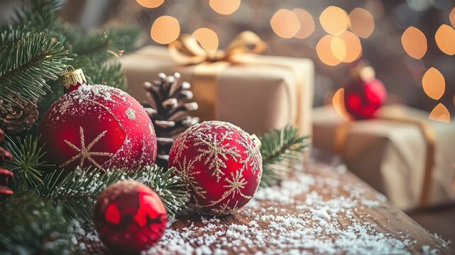 Christmas decorations with red baubles and pine cones on a wooden table with a blurred background of lights.
