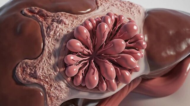 Detailed Medical Illustration Of Gallstones Within Human Gallbladder Attached To Liver Showing Diseased Organ Texture With Soft Lighting