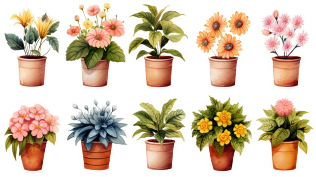Collection of colorful potted plants featuring various blooming flowers and lush green leaves arranged in decorative clay pots isolated on white background - Powered by Adobe