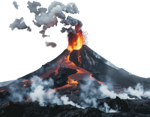 Erupting volcano spewing lava and ash into a dark sky
