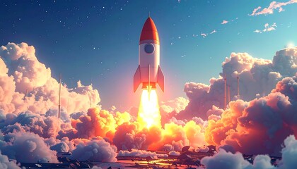 Obraz premium Rocket blasting off amidst fluffy clouds against a bright sky, stars faintly visible