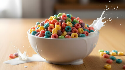 A bowl overflowing with colorful loop cereal and milk splashing on a wooden surface close up view
