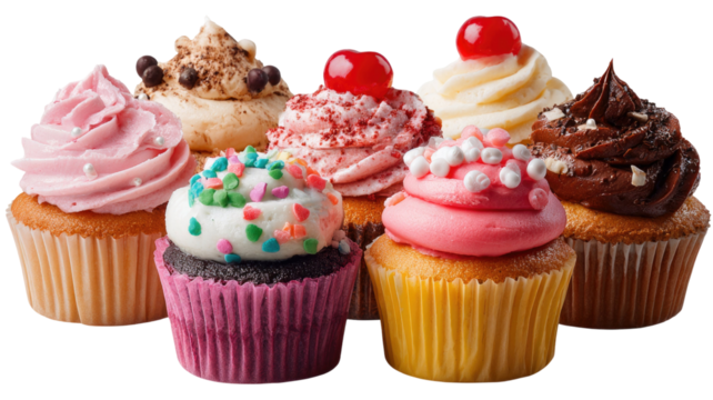 Delicious cupcakes topped with fluffy whipped cream and rich chocolate drizzle perfect for dessert presentation isolated on white background