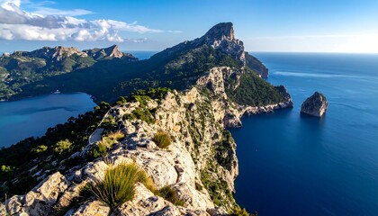 Rocky cliffside with ocean view, green trees, and mountains on a bright, sunny day, clear blue sky