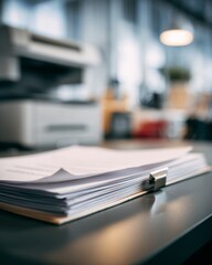 Thick folder of documents resting on an office counter with blurred workspace in the background.