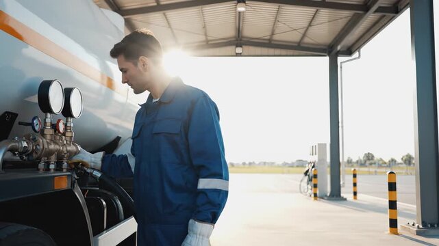 Technician in blue coveralls engages with fuel tanker equipment, showcasing detailed operational procedures in a well-lit industrial setting