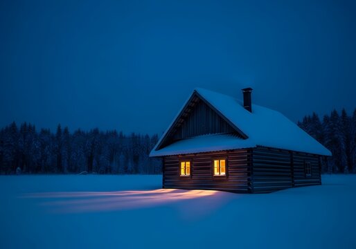 Wooden cabin illuminated at night in a snowy winter landscape