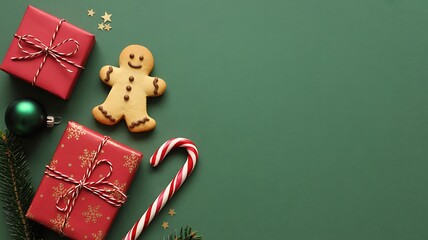 Christmas Flat Lay with Red Gifts, Bauble, Gingerbread, Candy Cane, and Gold Stars on Green Background