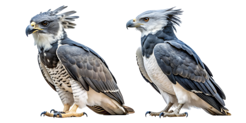 Two majestic harpy eagles, large birds of prey with distinctive crests, stand side by side, captured in sharp detail against a clean, isolated background for versatile use.