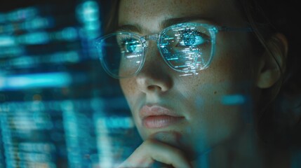 Software coding hologram and woman on tablet.