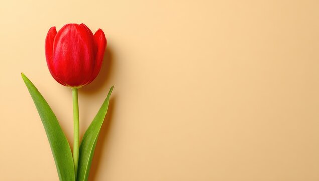 A single vibrant red tulip rests gracefully on a plain, light beige backdrop, showcasing its delicate petals and verdant leaves.