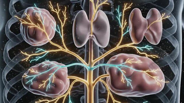 Detailed Medical Visualization Of The Human Endocrine System And Lymphatic Network With Detailed Organ Structures And Neural Pathways Illuminated