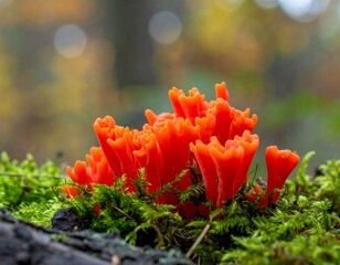 Close-up of vibrant orange fungi growing on mossy forest floor