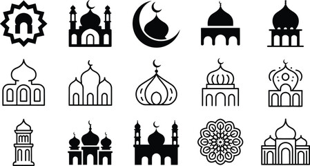 Collection of islamic mosque icons in black and white representing religious architecture and cultural heritage for design and illustration projects