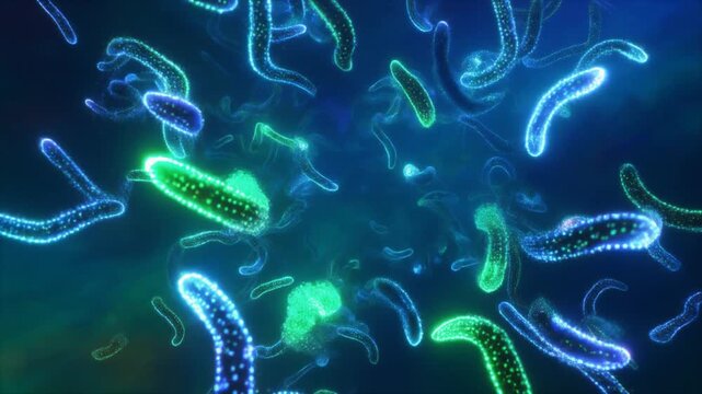 Abstract Swirling Microscopic Organisms or Bacteria with Neon Blue and Green Glow stock image