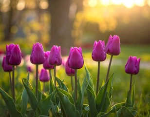 Close-up of vibrant pink tulips in a sunny garden setting