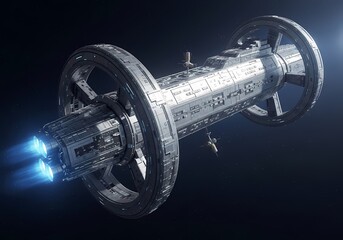 A futuristic space station with rotating rings and active thrusters in deep space