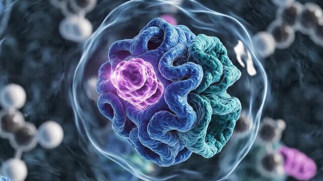 Detailed Microscopic View Of A Biological Cell Nucleus With Chromatin Structures And Molecular Components Floating In Cytoplasm With Soft Ambient Lighting