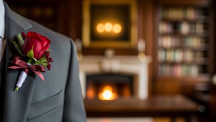 Elegant groom's attire with a red rose boutonniere evokes sophistication, ideal for weddings or high-end events with a warm, inviting ambiance