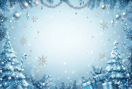 Winter holiday scene with snow-covered trees, ornaments, and falling snowflakes against a blue background - Powered by Adobe