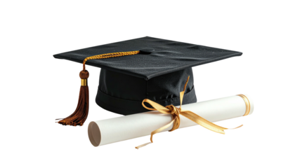 Grad cap and diploma roll, golden tassel