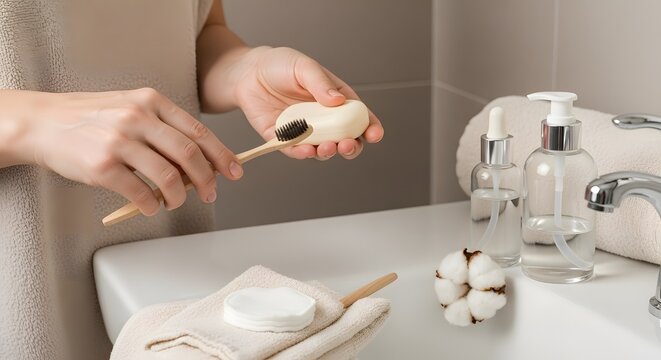 A person in a bathroom demonstrates a sustainable morning routine, using a bamboo toothbrush and solid toothpaste for eco-friendly dental care