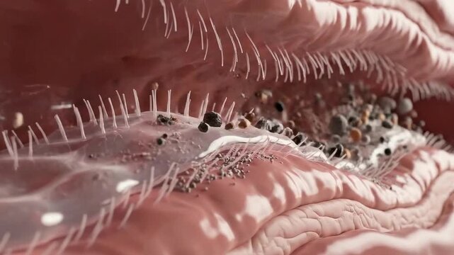 Detailed Microscopic View of Gut Villi Absorbing Nutrients in Pink Tones Anatomy of the Intestinal Wall Depicts Absorption Process Digestion with Neutral