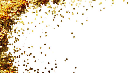 Gold glitter cascade against black, scattered, sparkling