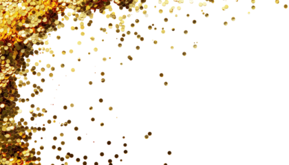 Gold glitter cascade against black, scattered, sparkling