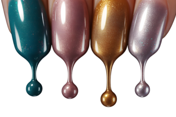 Four bottles of metallic nail polish dripping isolated on transparent background
