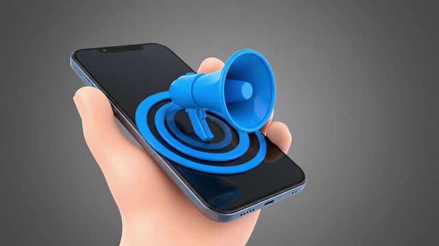 3D Hand Holding Smartphone with Blue Megaphone Icon Broadcasting Digital Sound Waves. Mobile Marketing Communication Concept. 4K Slow Motion.