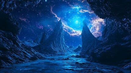 Mystical alien canyon under glowing nebula high resolution picture