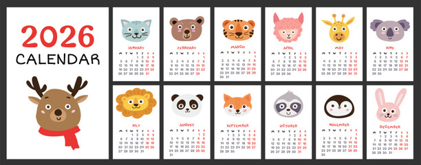 2026 calendar with cute animals. Yearly planner calendar with all months and week start on Monday