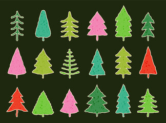 Christmas tree paper cut collection. Colorful spruce pine with torn edge for Christmas and New Year