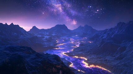 Purple galaxy shining over glowing valley high resolution picture