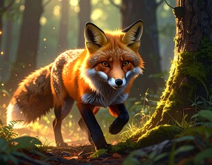 A vibrant fox in a sunlit forest, eyes fixed forward, walking