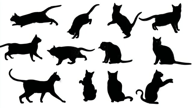 black cat silhouettes set in dynamic poses including walking sitting stretching jumping and playful actions ideal for vector illustration design elements isolated on white background
