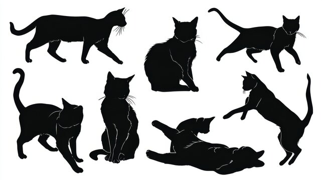 black cat silhouettes set in dynamic poses including walking sitting stretching jumping and playful actions ideal for vector illustration design elements isolated on white background