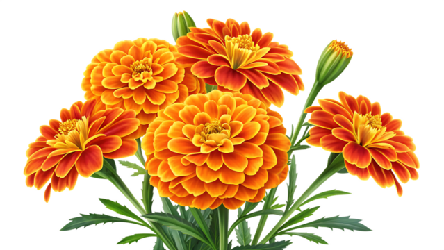 A beautiful bouquet of vibrant orange and yellow marigold flowers with green stems and buds, isolated on transparent background - Powered by Adobe