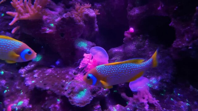 Colorful Underwater Scene with Jellyfish and a Fish in a Coral Reef Aquarium